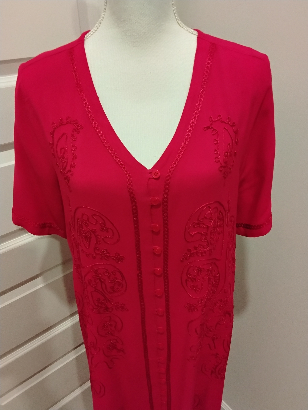 Expressions RED Embroidered Button-Front V-Neck MAXI DRESS
